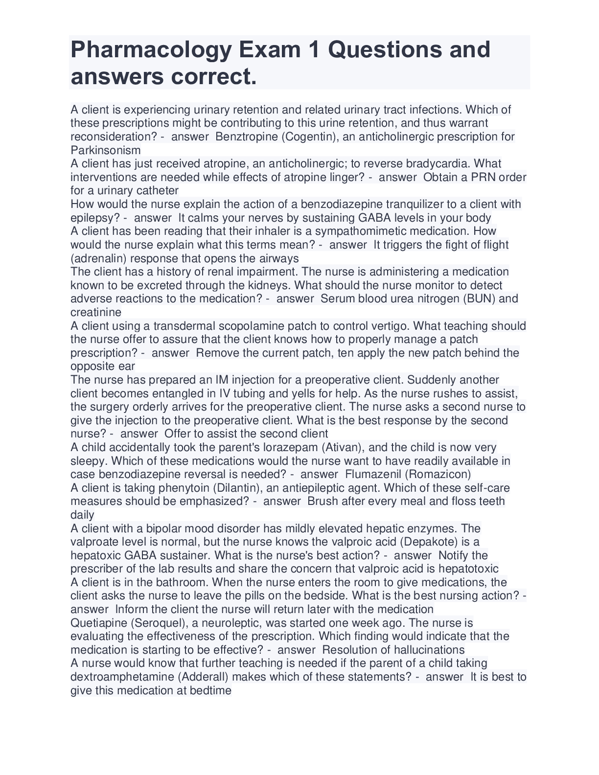 Preview image for Pharmacology Exam 1 Questions and answers correct.